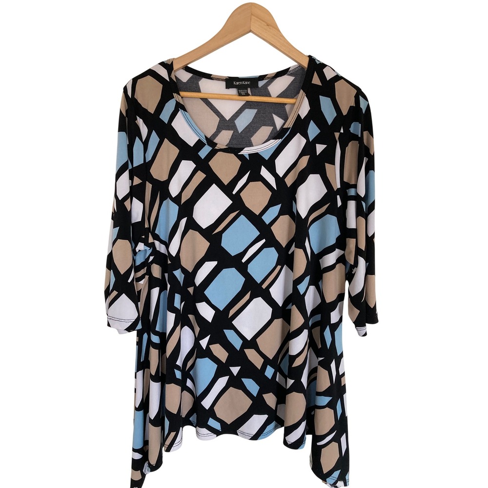 Karen Kane 3X Plus Size Blue Geometric Mosaic Sharkbite Hem 3/4 Sleeve Tunic Top